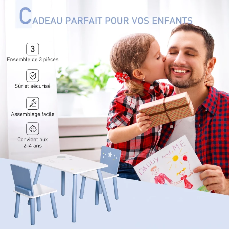 HOMCOM Table enfant avec chaise, ensemble table et 2 chaises en bois pour dessiner, jouer, étudier, bleu