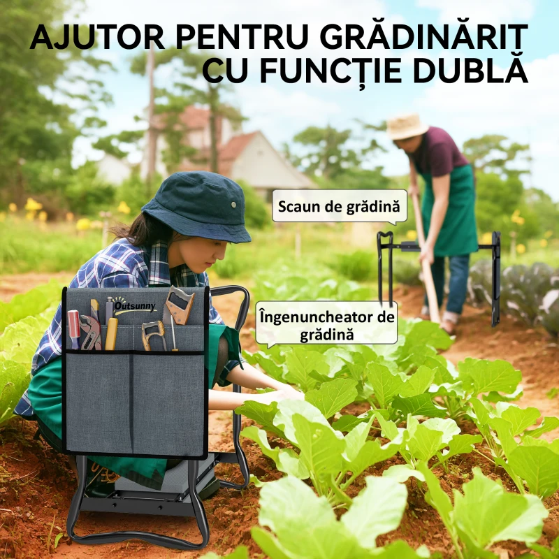 Outsunny Genuncheră și Bancă de Grădină Pliabilă 2 în 1, Culoare Verde Negru