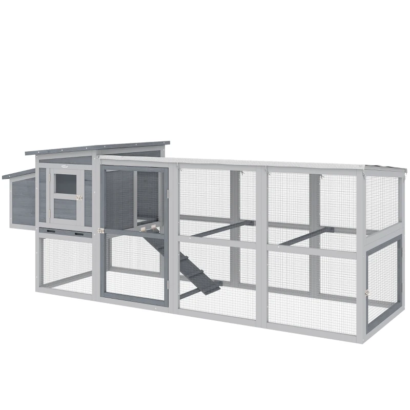 PawHut Large Chicken Coop, Wooden Hen House with Covered Run, Nesting Box, Pull-Out Tray, Opening Asphalt Roof, Grey