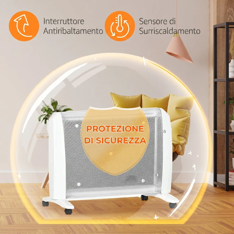 HOMCOM Riscaldatore Elettrica a Mica 1000W/2000W con Termostato Regolabile, 4 Ruote, 15-20 m², Bianco