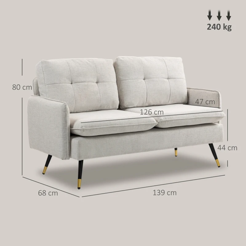 HOMCOM Divano 2 Posti in Tessuto Effetto Lino con Gambe in Acciaio e Cuscini Imbottiti, 139x68x80 cm, Bianco Crema