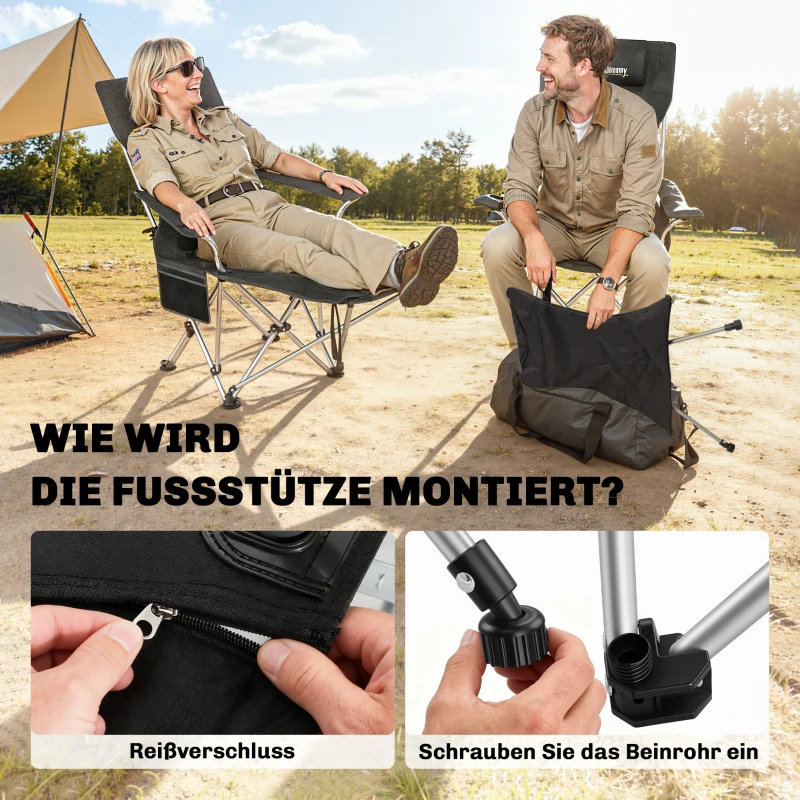 Outsunny Set van 2 Opvouwbare Campingstoelen met Afneembare Voetsteun en Bekerhouder, Belastbaar tot 120 kg - Zwart