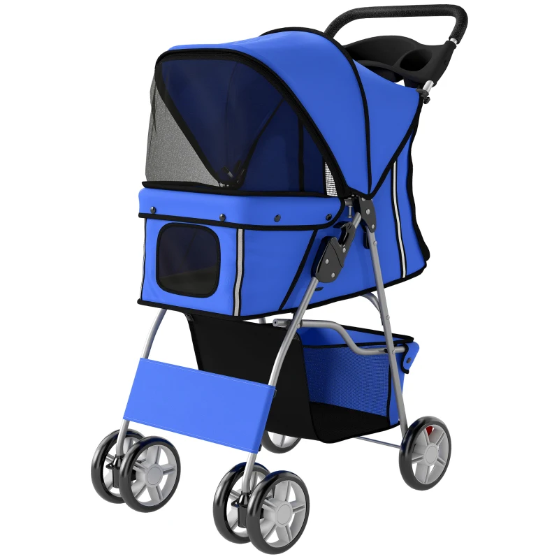 PawHut Dog Pram, Pet Stroller with Reflective Strips, Foldable Cat Stroller with 360° Swivel Wheels, Blue