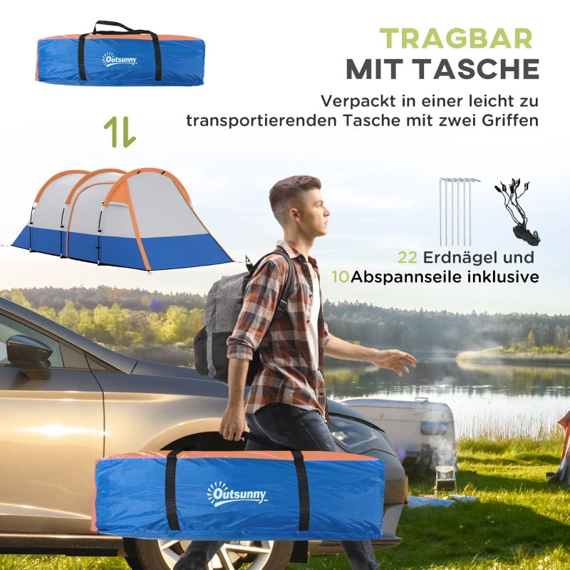 Outsunny kampeertent, voor 3 personen, lantaarnhaak, drie ingangen, waterdicht, Oranje