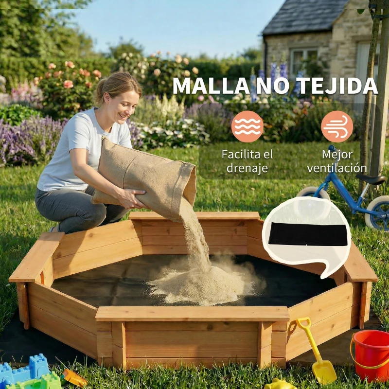 Outsunny Arenero de Madera para Niños de 3-8 Años con Cubierta de Poliéster para Patio Jardín 139,5x139,5x21,5 cm Rojo y Azul