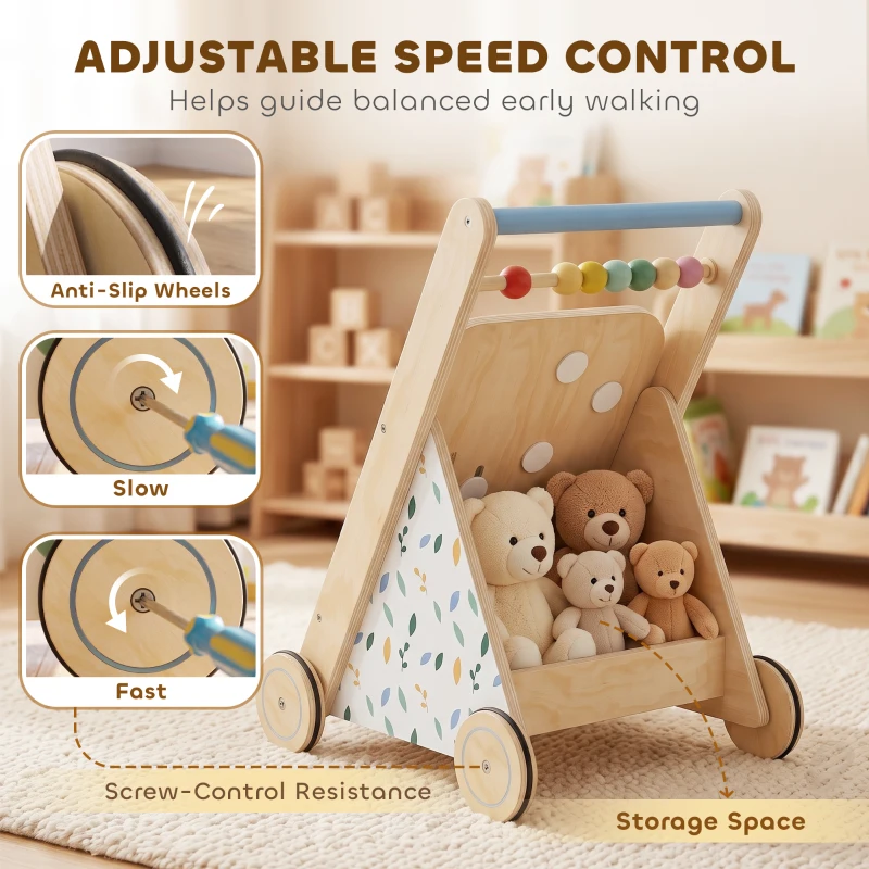 AIYAPLAY Wooden Baby Walker, Toddler Push Along Walker with Speed Control, Activity Centre and 5 Blocks for 18 Months+, Natural
