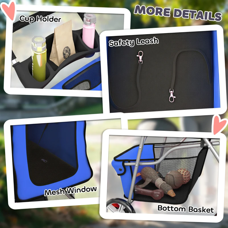 PawHut Dog Pram, Pet Stroller with Reflective Strips, Foldable Cat Stroller with 360° Swivel Wheels, Blue
