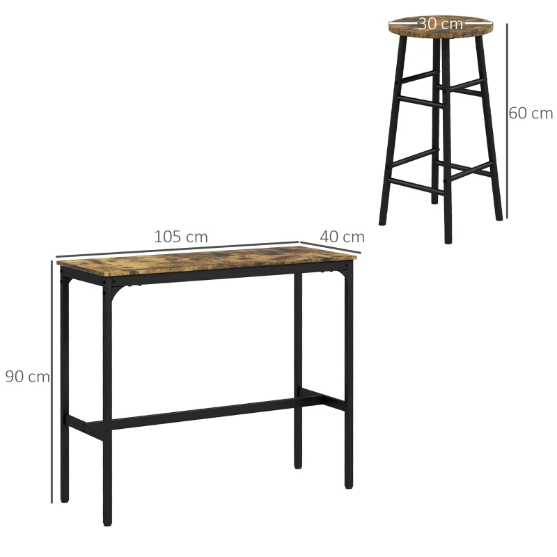 HOMCOM Ensemble table haute de bar + 2 tabourets structure en acier plateau aspect effet bois d'acajou 2 personnes noir