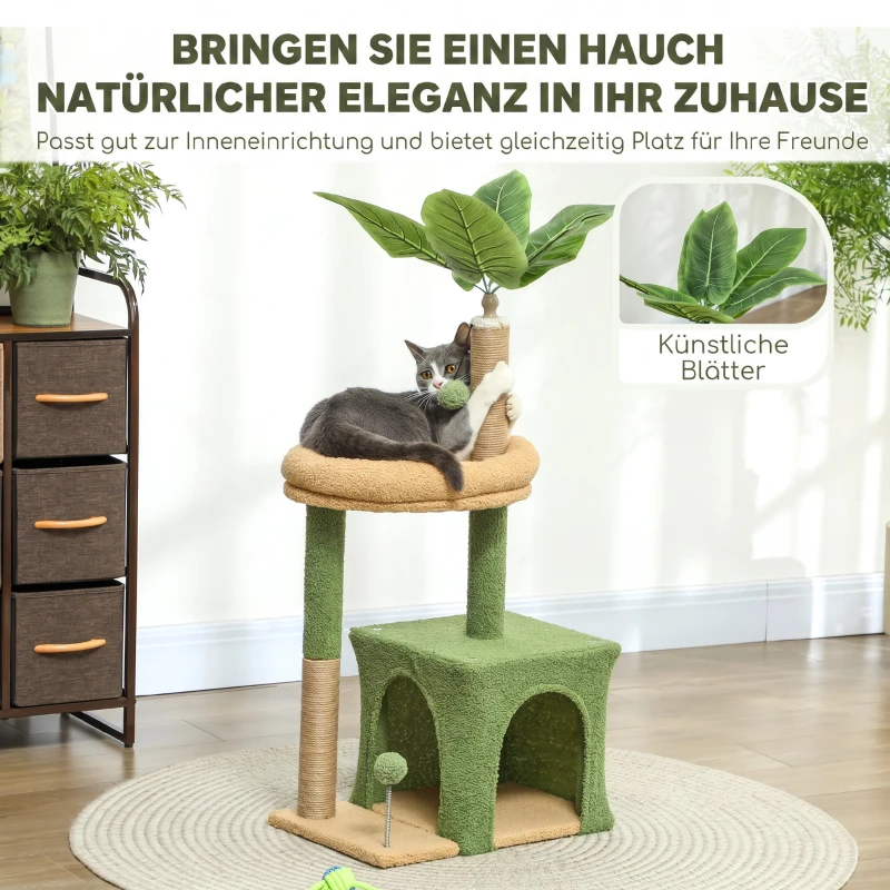 PawHut Kratzbaum 98 cm hoch Katzenbaum mit Höhle, Katzenbett Blätter-Design, Jutestämme, 2 Spielbälle für Katzen unter 5 kg