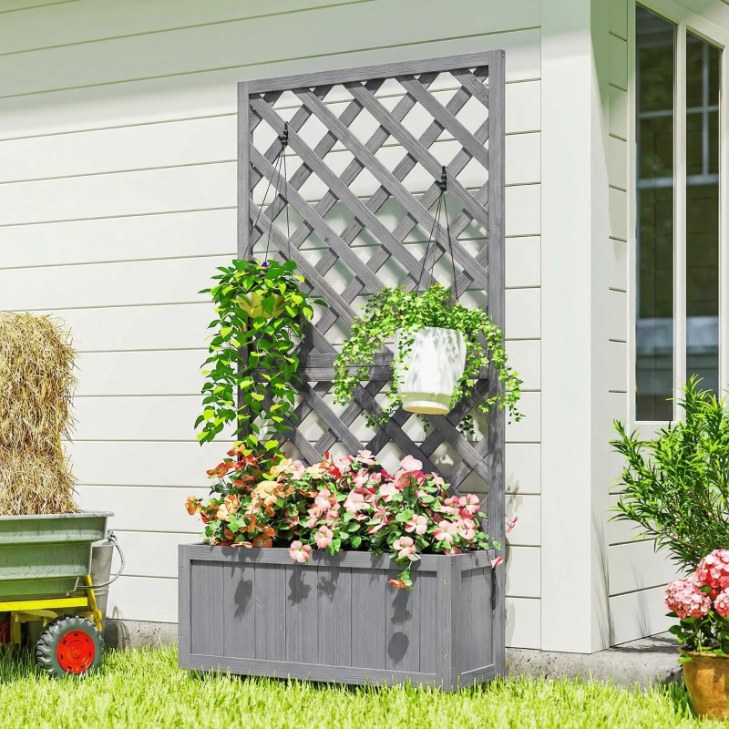 Outsunny Wood Planter with Trellis for Climbing Plants, Raised Bed, Planter Box with Drainage Holes to Grow Herbs Flowers, Grey