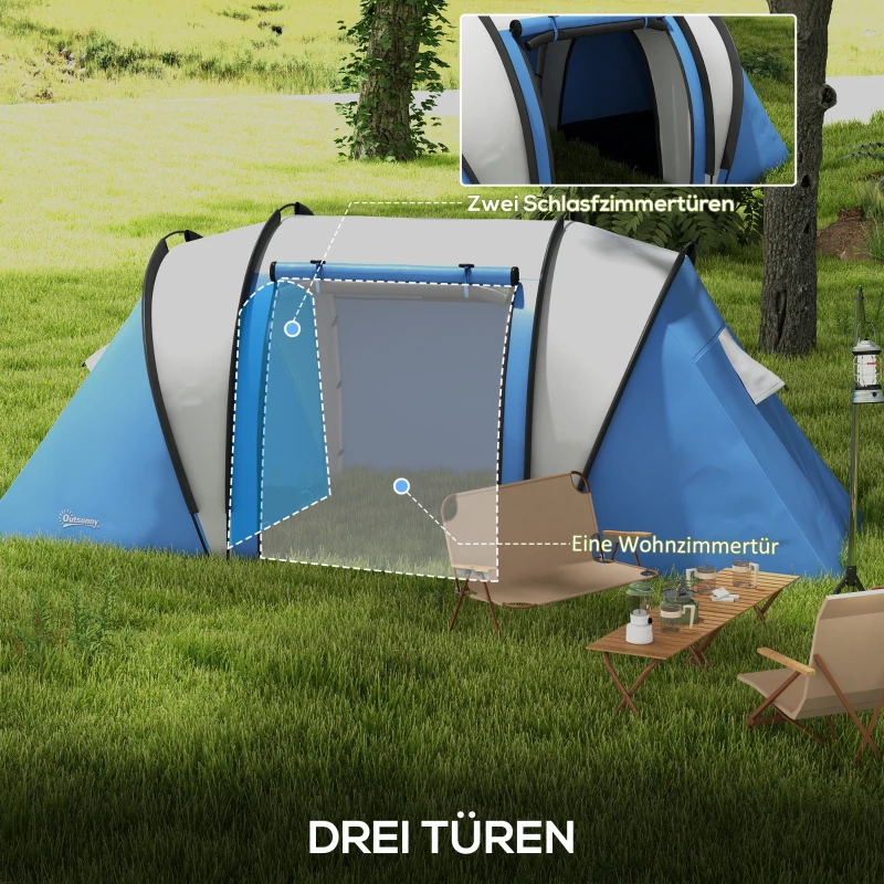 Outsunny 4-5 Persoons Campingtent Waterafstotend Blauw Familie Tent met Drie Compartimenten en Zijdeur