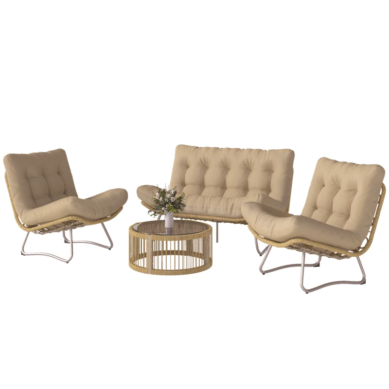 Outsunny Gartenmöbel Set 4-teilig Polyrattan Lounge-Set mit Zweisitzer 2 Sessel Glastisch Breitem & Tiefem Sitz Dicke Kissen