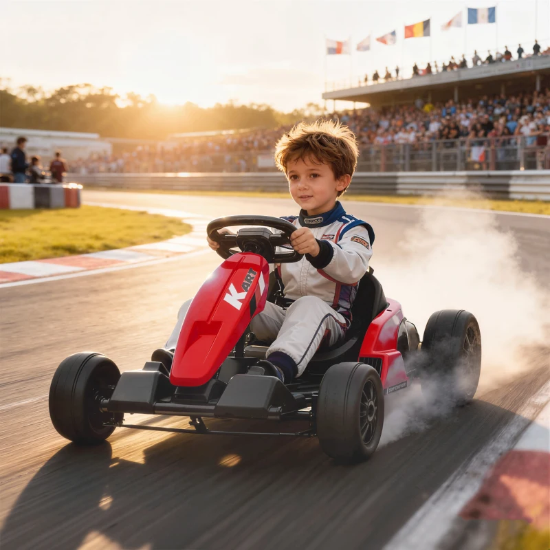 AIYAPLAY 24V Electric Go Kart, Drift Kart with Adjustable Seat, Slow Start, 5-Point Harness, Music, for 6-12 Years, Red