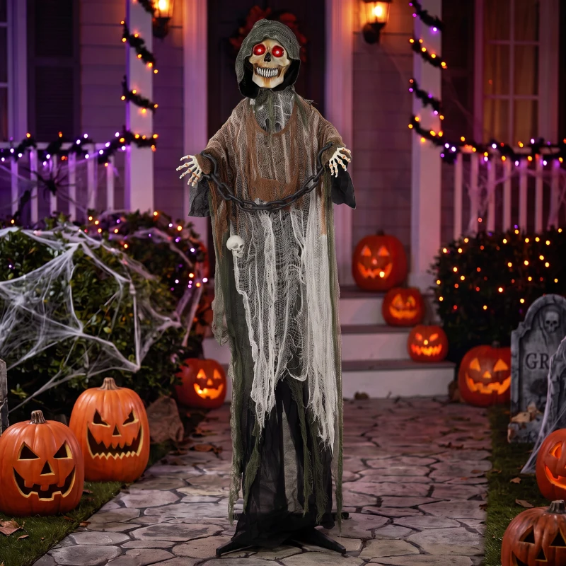 HOMCOM Animierter Sensenmann, 170 cm, lebensgroße Halloween-Animatronic mit beweglichen Händen/Kopf, leuchtenden Augen und Gruselsound