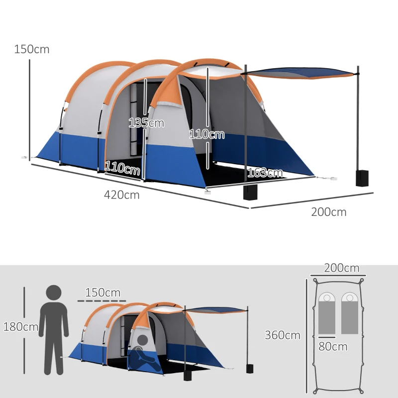 Outsunny kampeertent, voor 3 personen, lantaarnhaak, drie ingangen, waterdicht, Oranje