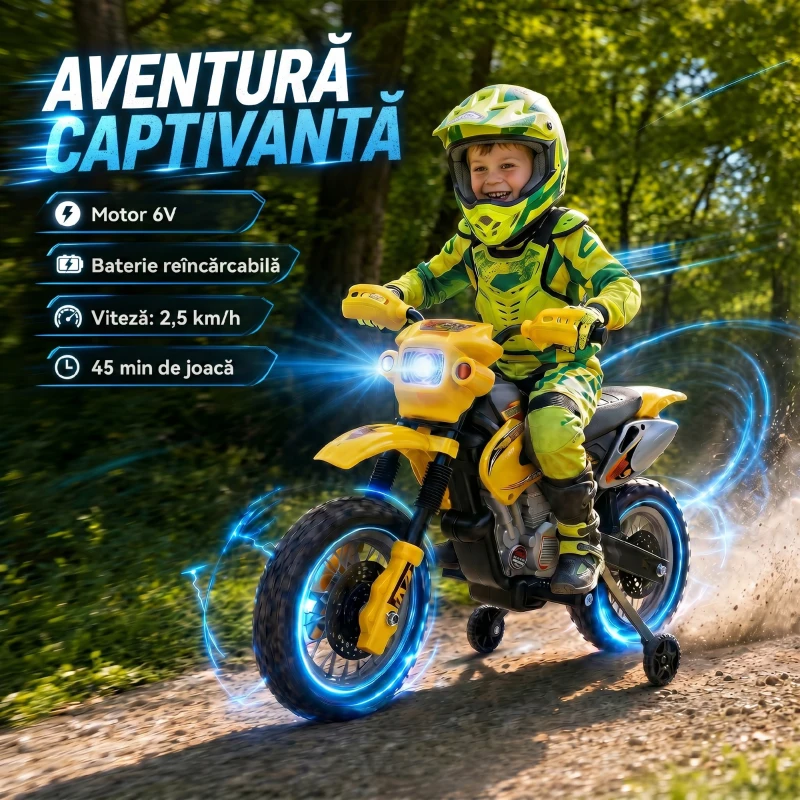 Homcom Moto Cross Electric Copii – Galben cu Rotite Laterale