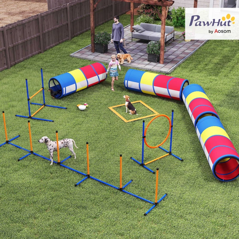 PawHut Agility-Ausrüstung für Hunde 12-teilig, 4 Tunnel, verstellbare Sprünge, Ring, Slalom, 357x65x68cm, mehrfarbig