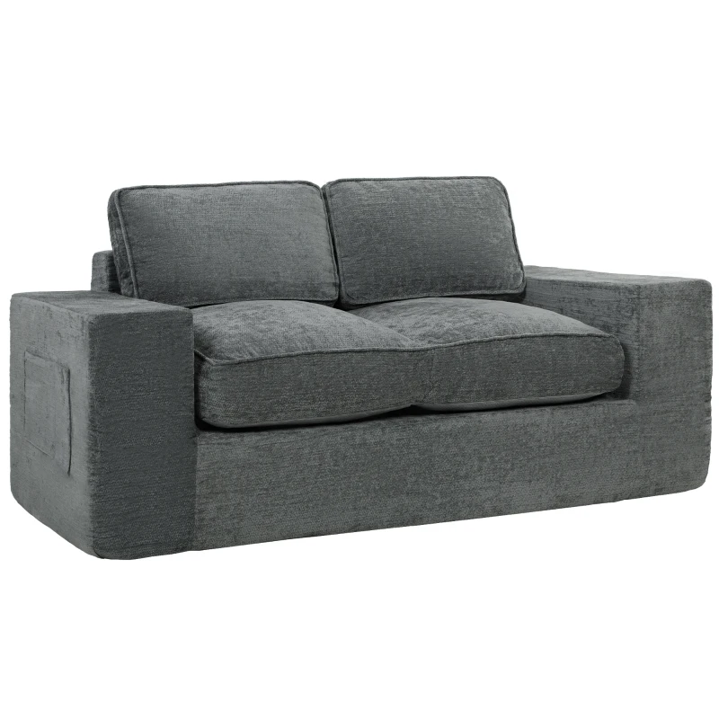 HOMCOM 2-Sitzer Sofa mit Chenillebezug, Wohnzimmer-Sofa 156 cm, breite gepolsterte Sitzfläche und Armlehnen, 2 Kissen, Grau