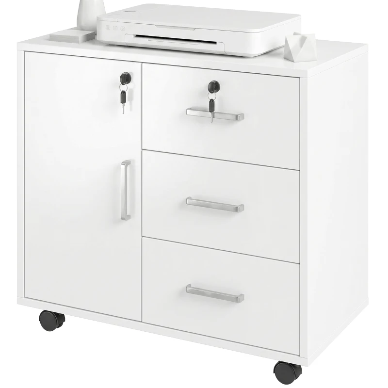 HOMCOM Mueble para Impresora con Ruedas Mesa para Impresora con Puerta y 3 Cajones Cerraduras Estante Ajustable Blanco