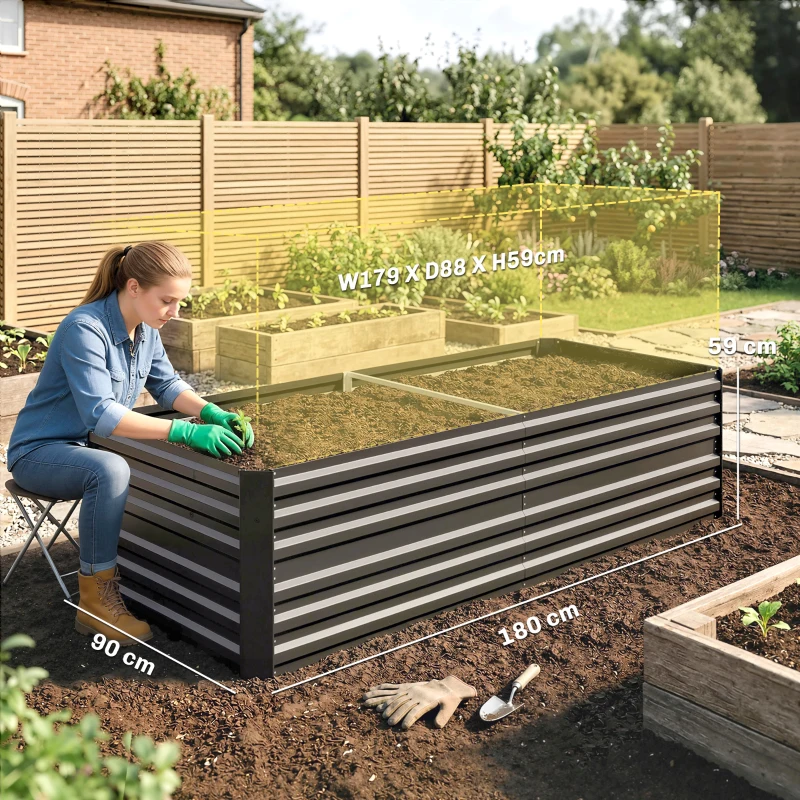 Outsunny Raised Beds for Garden, Galvanised Steel Outdoor Planters with Multi-reinforced Rods, 180 x 90 x 59 cm, Dark Grey