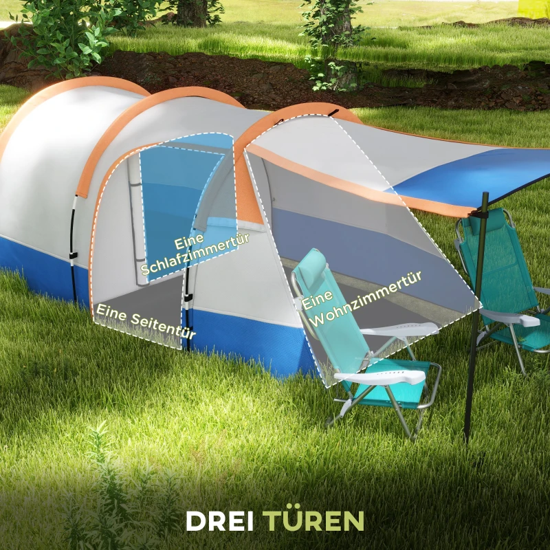 Outsunny kampeertent, voor 3 personen, lantaarnhaak, drie ingangen, waterdicht, Oranje