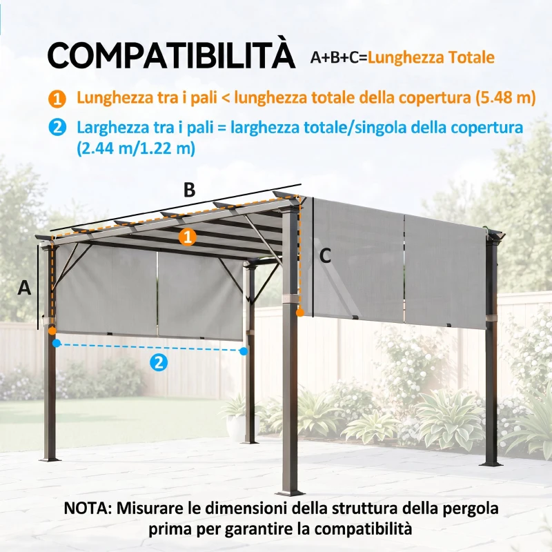 Outsunny Telo Gazebo Pergola 3x3 m con Tasche e Cinghie per Aste, in Poliestere, 488x122 cm, Grigio Chiaro