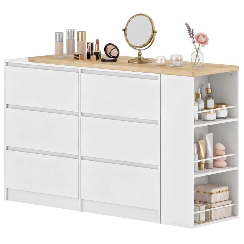 HOMCOM Vanity Table, Dressing Table with 6 Drawers and 3-Tier Shelf for Women and Girls, White