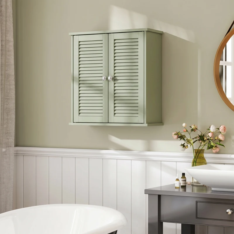 HOMCOM Armoire murale de salle de bain, meuble de rangement suspendu avec 2 portes persiennes et étagère réglable, vert