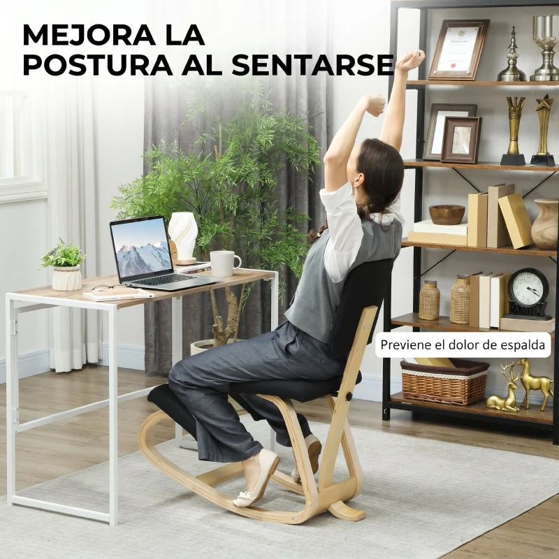 HOMCOM Silla Ergonómica de Rodillas con Respaldo Cojines Acolchados Marco de Madera para una Mejor Postura Oficina Negro