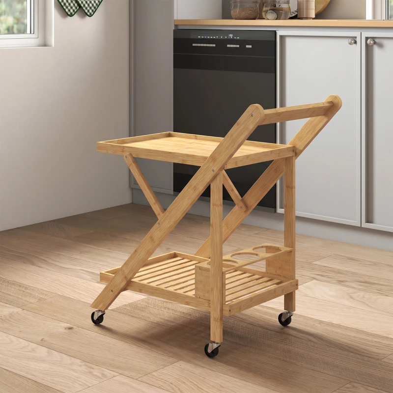 HOMCOM Desserte de cuisine en bambou chariot de service pliable 2 plateaux 4 roues 3 casiers à vin 66 x 40 x 70 cm bois naturel