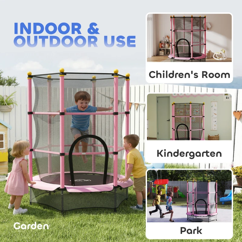 HOMCOM 4.6FT/55" Kids Trampoline with Enclosure Net, Outdoor Indoor Use, for Ages 3-10 Years, Pink