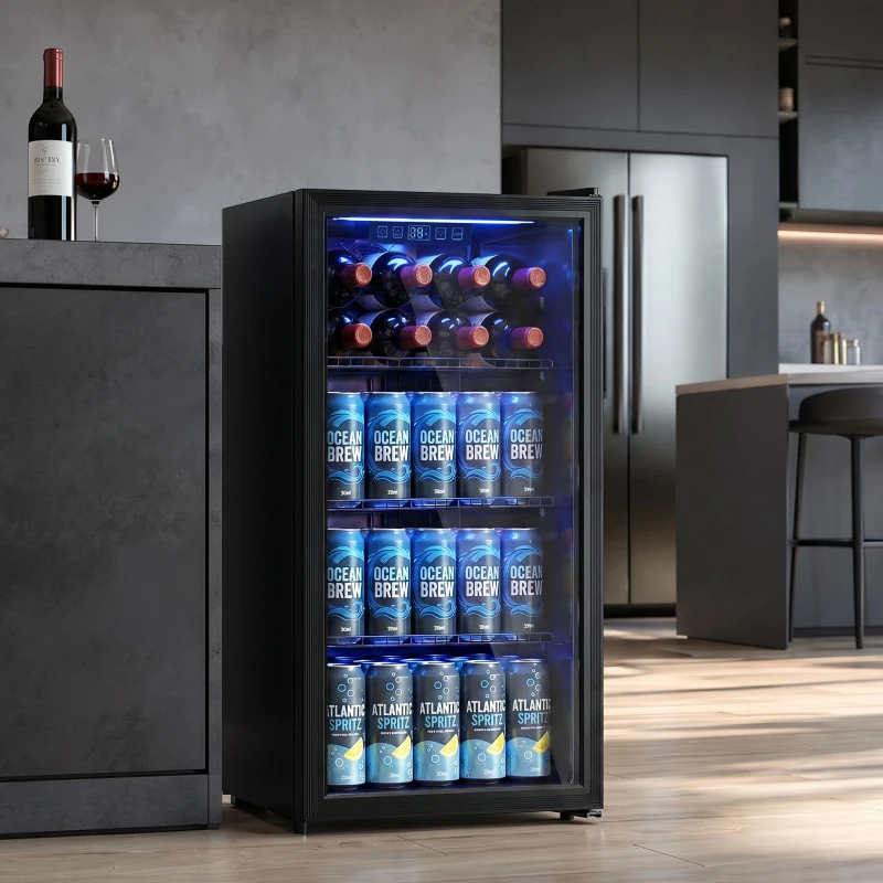 HOMCOM 90L Drinks Fridge, 139 Can Under Counter Freestanding Beer Fridge with LED Light