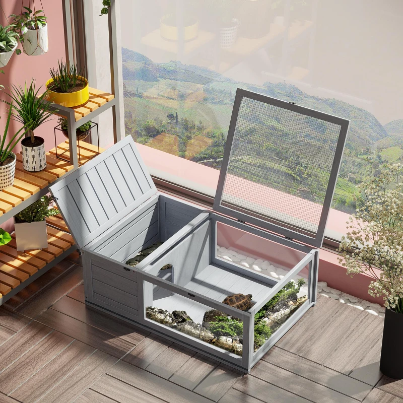 PawHut Casa per Tartarughe di Terra in Legno di Abete con Pannello Apribile e 2 Spazi Separati, Grigio