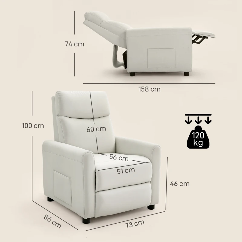 HOMCOM Relaxsessel Fernsehessel mit Liegefunktion, TV Sessel mit Taschenfedern, Fußstütze, Stoff in Leinenoptik, Cremeweiß