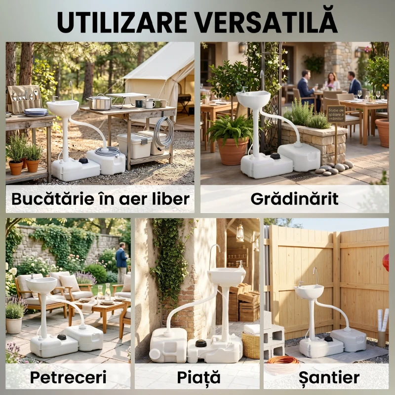 Outsunny Chiuveta Portabila de Camping cu 2 roti, Rezervor de Apa de 17 litri, Rezervor de Sapun(m-9)