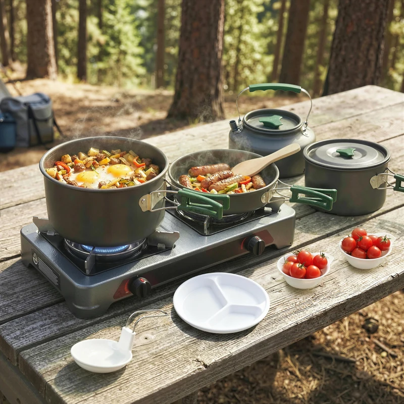 Outsunny Camping kookset 5-delig outdoor serviesset met anti-verbrandingsgrepen pan koekenpan voor 4-5 personen grijs