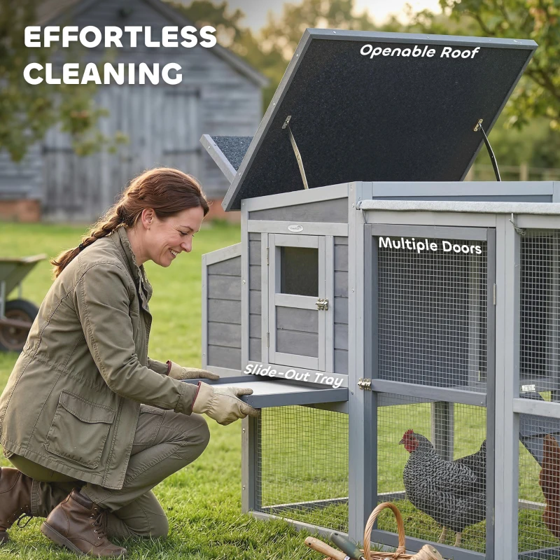 PawHut Large Chicken Coop, Wooden Hen House with Covered Run, Nesting Box, Pull-Out Tray, Opening Asphalt Roof, Grey