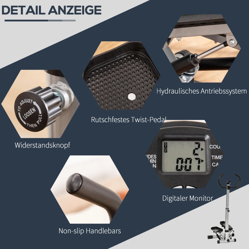 HOMCOM stepper met handvat fitness hometrainer voor thuis, klein fitnessapparaat voor been- en bodemtraining met LCD-scherm, instelbare snelheid Metaal ABS Zwart + Zilver 55 x 53 x 118-128 cm(m-4)