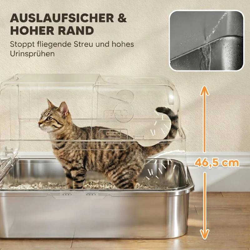 PawHut Caixa de Areia para Gatos XXL em Aço Inoxidável com Tampa Basculante, Laterais Altas, Entrada Superior, Pá, Preto