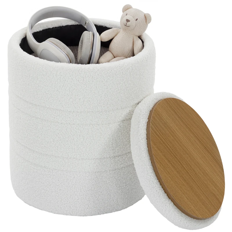 HOMCOM Sherpa Aufbewahrungshocker mit Wendedeckel, runder Sitzhocker für Wohnzimmer & Schlafzimmer, Weiß