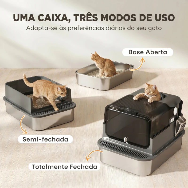 PawHut Caixa de Areia para Gatos XXL em Aço Inoxidável com Tampa Basculante, Laterais Altas, Entrada Superior, Pá, Preto