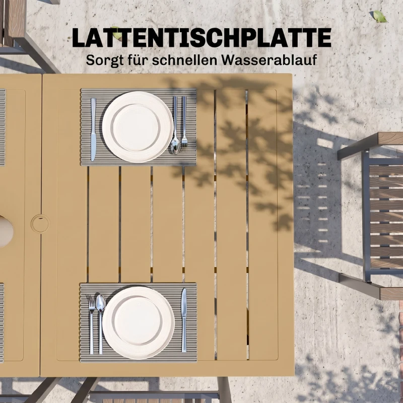 Outsunny Gartentisch 150x90cm, Wetterfest Balkontisch aus Stahl, Balkontisch mit Schirmloch Braun