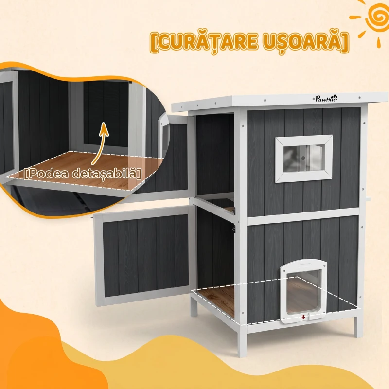Pawhut Casa Exterior Pisici – 2 Niveluri, Lemn Natural Rezistent