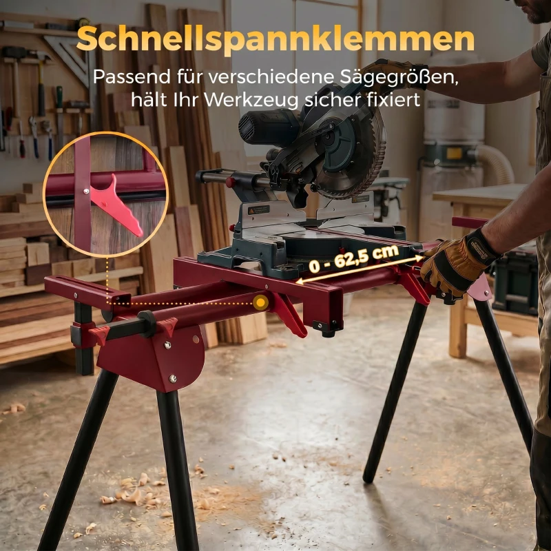 HOMCOM Universeller Gehrungssägenständer mit ausziehbaren Rollen und Stützarme, tragbarer Sägeständer mit klappbaren Beinen
