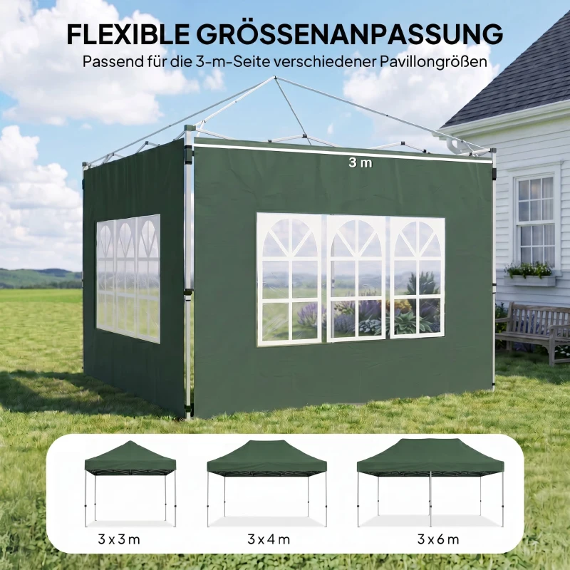 Outsunny 2er-Set Seitenteile für Pavillon 3x3/3x4 m, Seitenwand mit Fenster, wasserdicht Grün