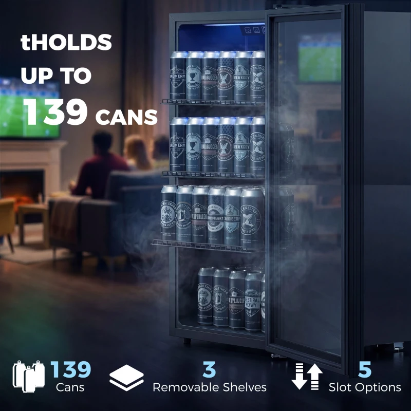 HOMCOM 90L Drinks Fridge, 139 Can Under Counter Freestanding Beer Fridge with LED Light