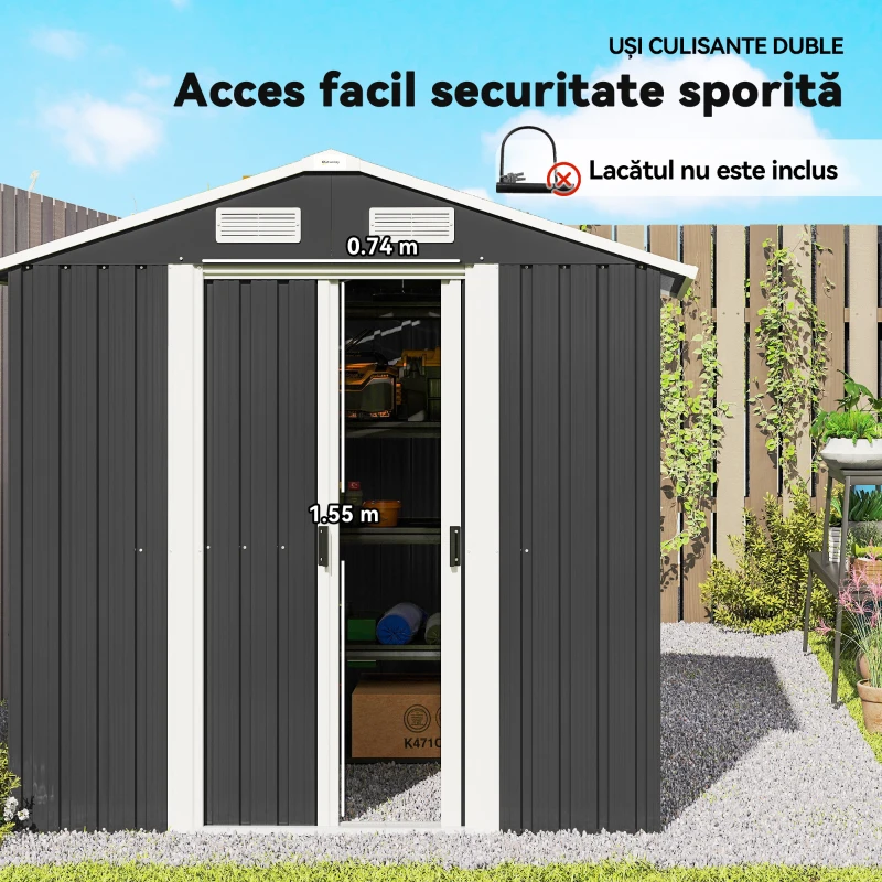 Outsunny Șopron de Grădină, 2 Uși Glisante Blocabile, Oțel Zincat, 2,6 m², Negru