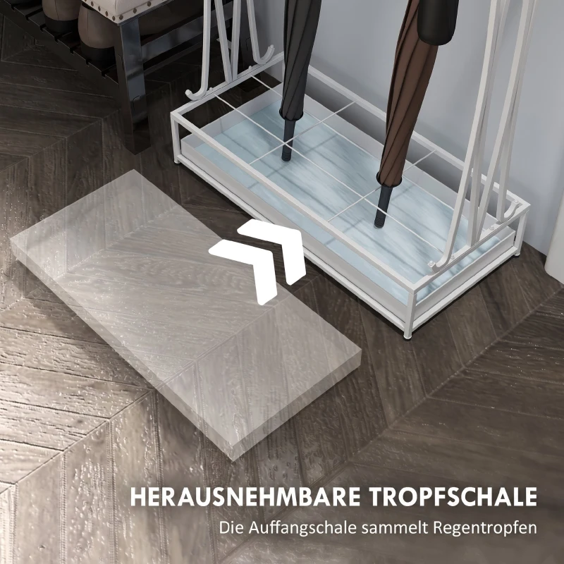HOMCOM Paraplubak met Uitneembare Lekbak, 21 Openingen & 24 Haken, Staal – Wit