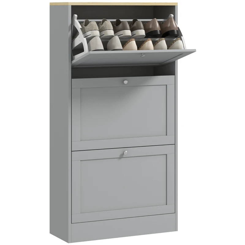 HOMCOM Meuble à chaussures 18 paires, armoire à chaussures avec 3 tiroirs rabattables, étagères réglables, 60x23,5x115cm, gris