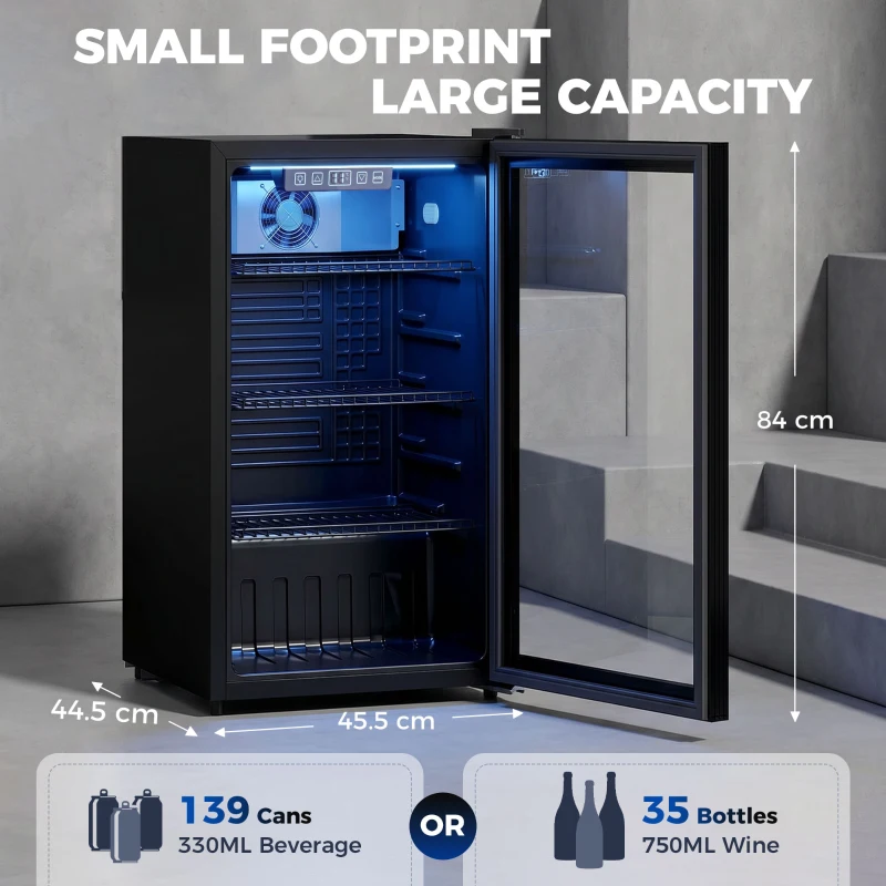 HOMCOM 90L Drinks Fridge, 139 Can Under Counter Freestanding Beer Fridge with LED Light